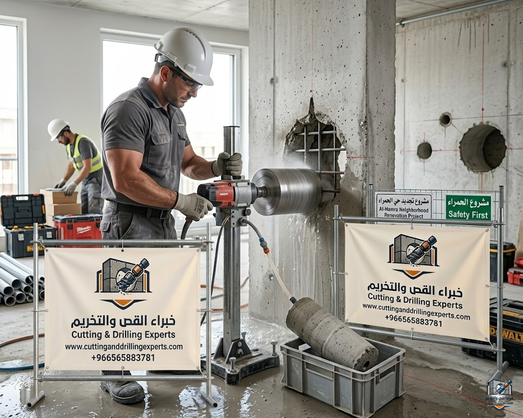 تخريم خرسانة حي المنار جدة بأسلوب هندسي متقدم باستخدام الكور الماسي مع تحليل إنشائي قبل التنفيذ لضمان دقة عالية بدون تكسير
